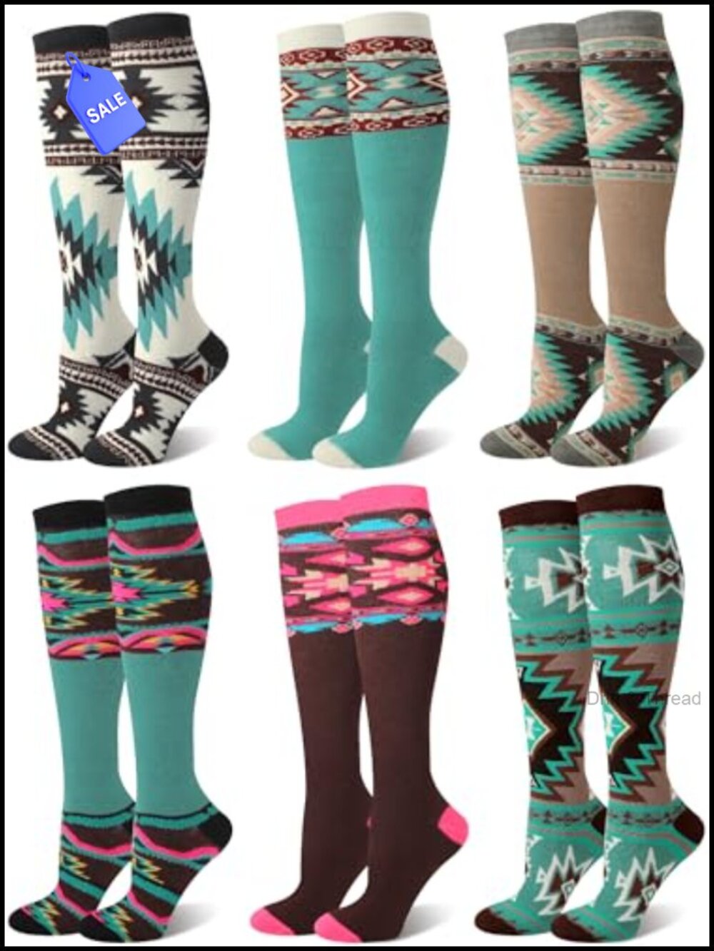 Western Cowgirl Boot Socks Cotton Polyester Knee High Aztec 6 Pairs